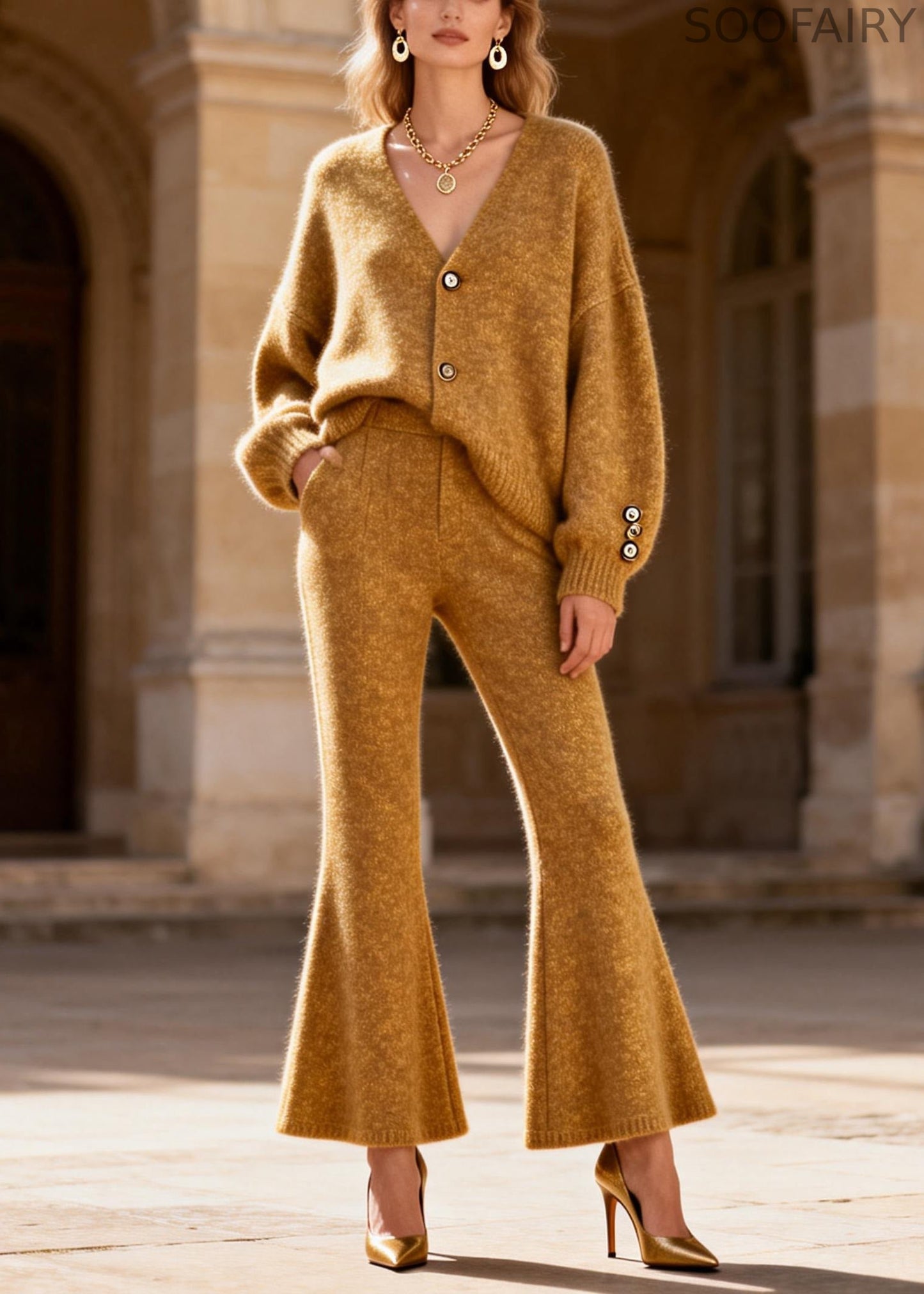 Loose Yellow V Neck Cotton Knit Cardigans and Flared Trousers Two Pieces Set Spring