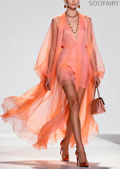 Orange V Neck Patchwork Chiffon Two Pieces Set Summer