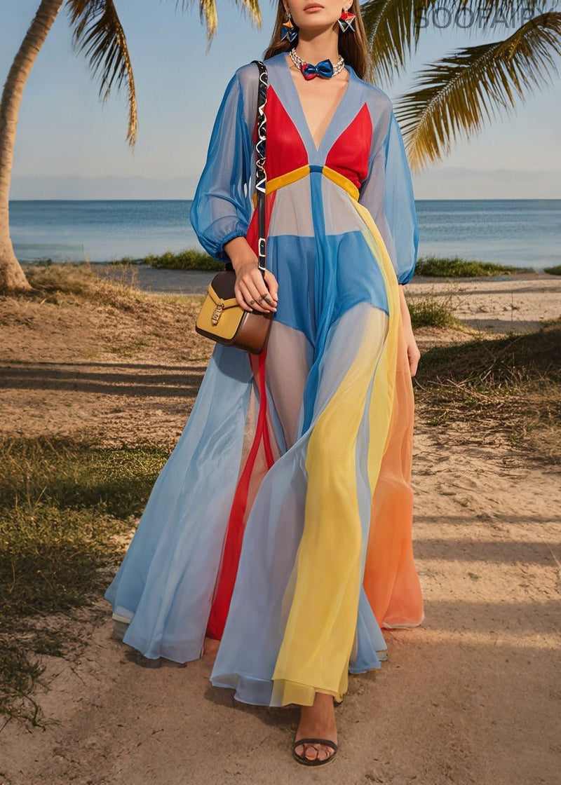 Blue V Neck Patchwork Tulle Maxi Dresses Summer