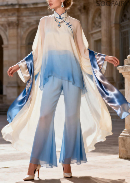 Stand Collar Asymmetrical Patchwork Silk 2 Piece Outfit Spring