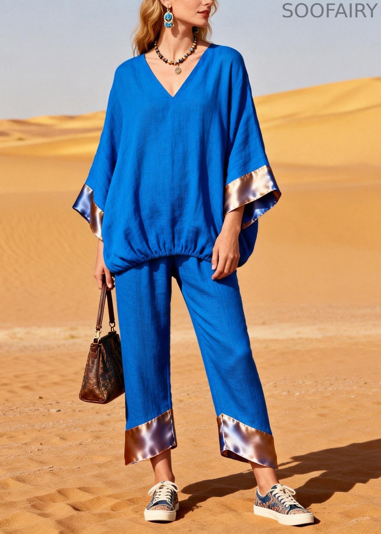 Boutique Blue Top and Pants Silk Patchwork Linen Two Pieces Set Summer