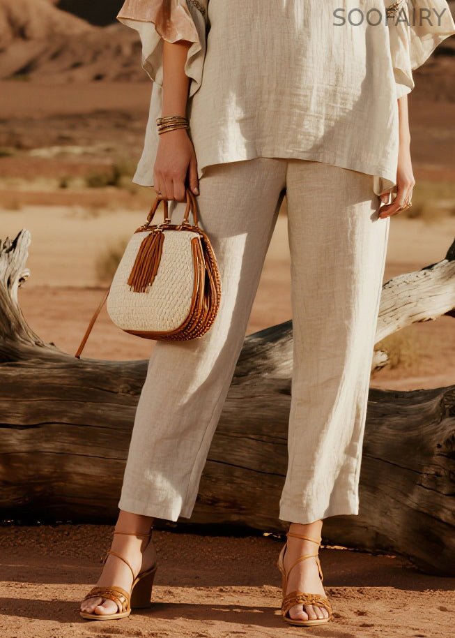 Simple Beige V Neck Patchwork Linen Two Pieces Set Butterfly Sleeve