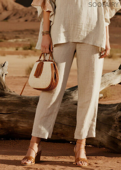 Simple Beige V Neck Patchwork Linen Two Pieces Set Butterfly Sleeve