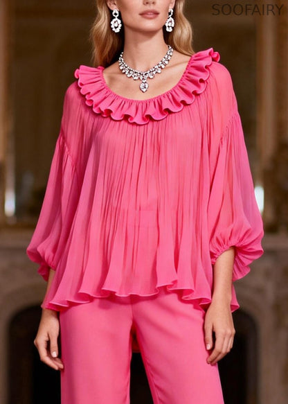 Pink High Waist Tops and Crop Pants Two-piece Set Ruffled Bracelet Sleeve