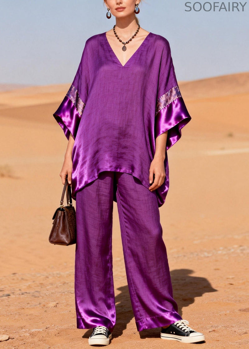 Style Purple Oversized Patchwork Silk Linen Two Pieces Set Summer