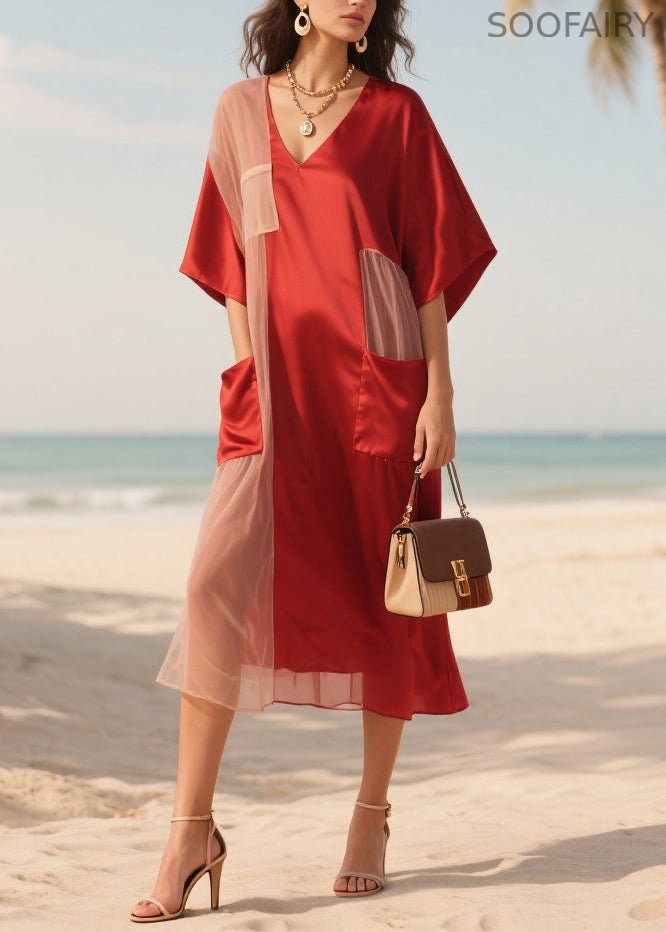 Red Patchwork Tulle Robe Dresses Asymmetrical Summer