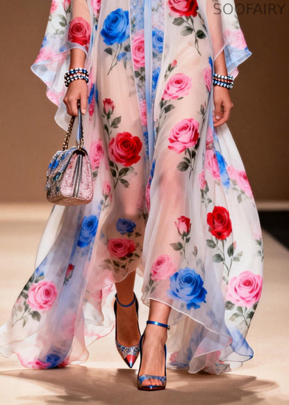 White Oversized Print Chiffon Vacation Dresses Summer