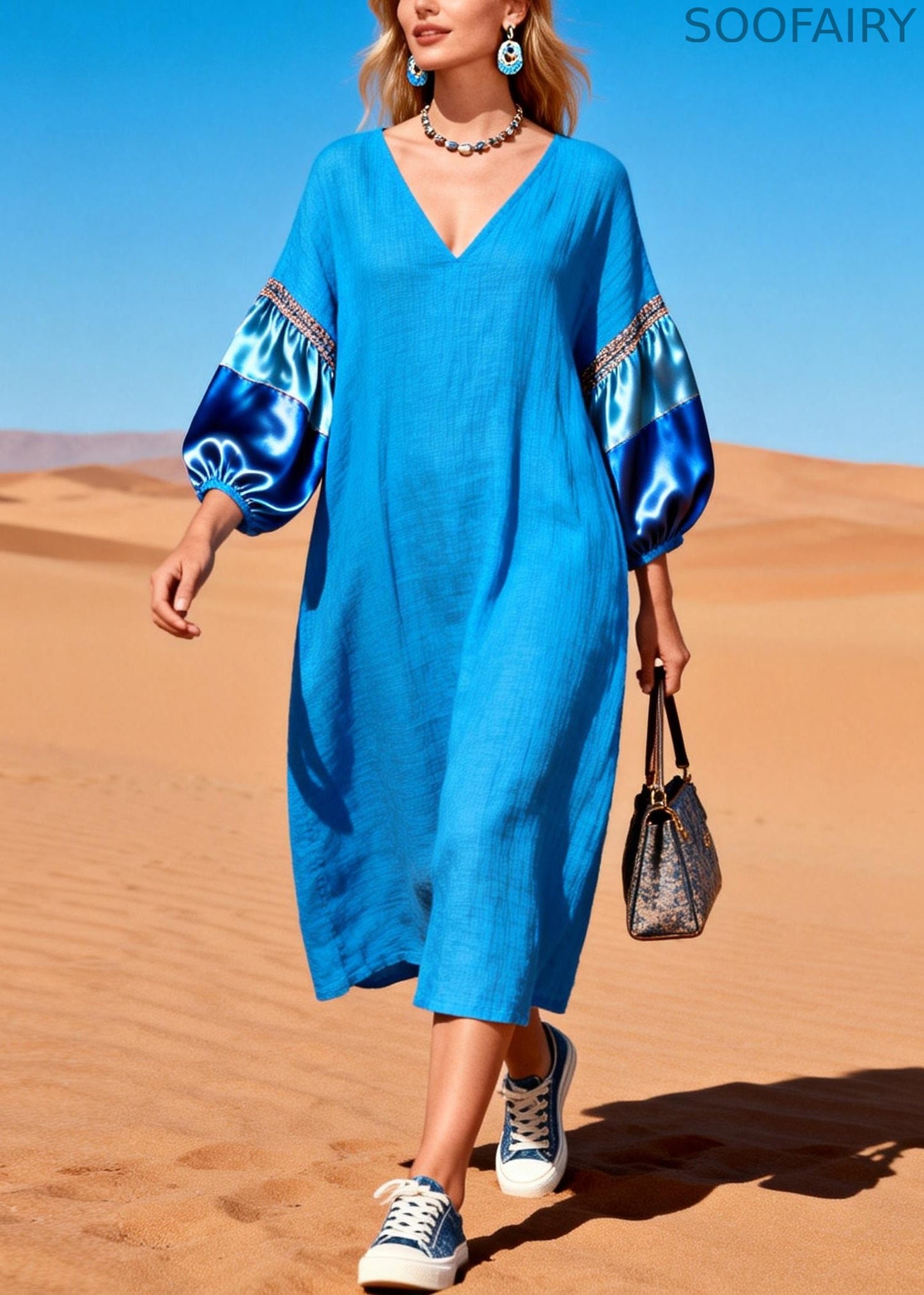 French Blue Oversized Patchwork Cotton Dresses Lantern Sleeve