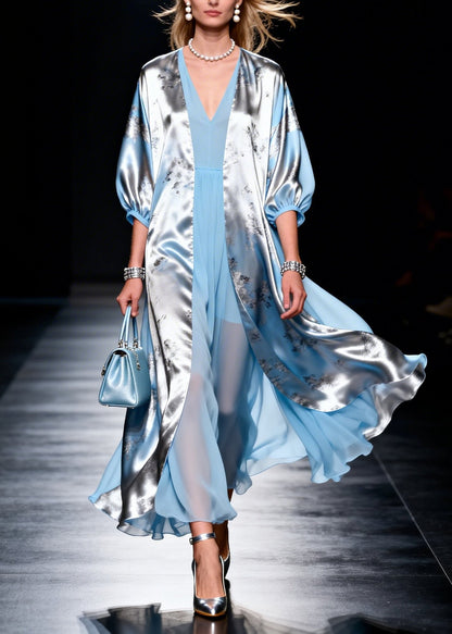 Modern Sky Blue V Neck Patchwork Chiffon Fake Two Piece Dress Summer