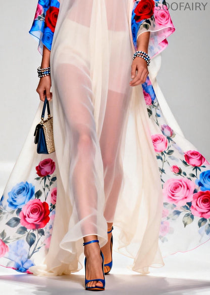 White Oversized Print Sheer Chiffon Maxi Dresses Summer