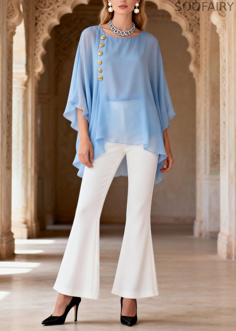 Blue O Neck Top and White Flared Trousers Chiffon Two Pieces Set Summer