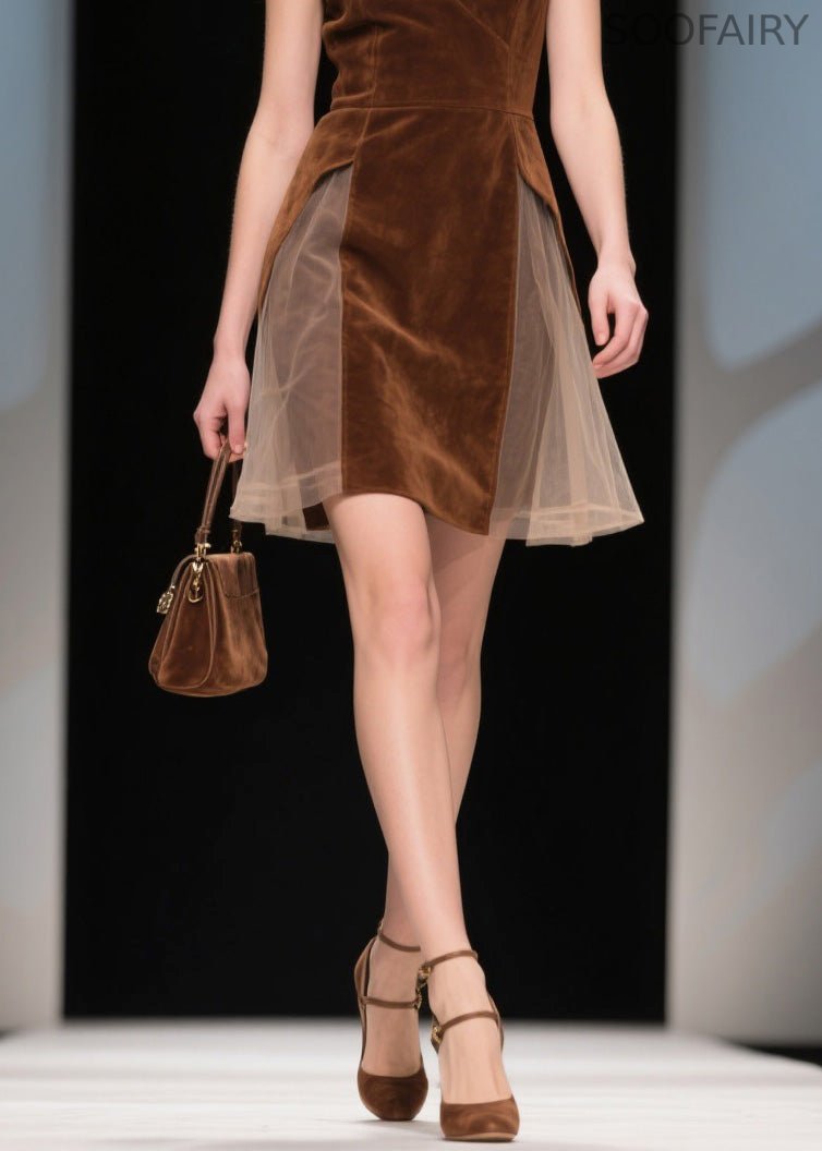 French V Neck Tulle Patchwork Velvet Dress Sleeveless