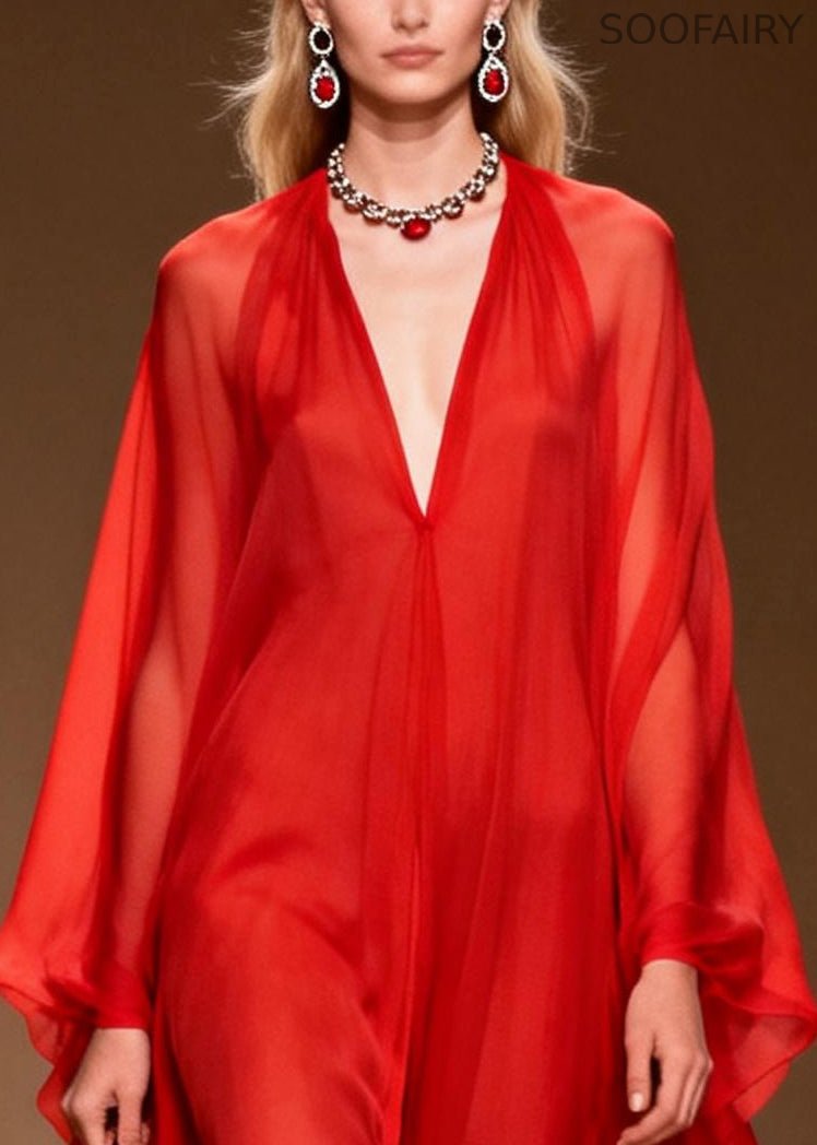 Red Draping Chiffon Long Dress Side Open Summer