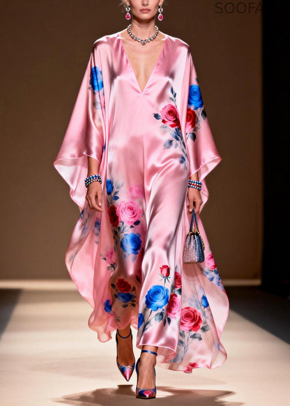 Art Pink Oversized Print Silk Party Dress Summer