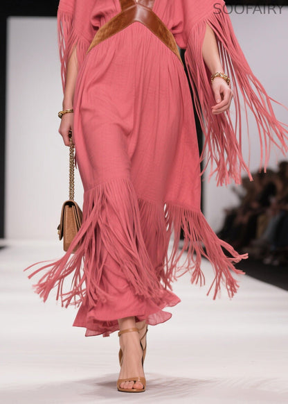 V Neck Tassel Patchwork Cotton Dress Summer