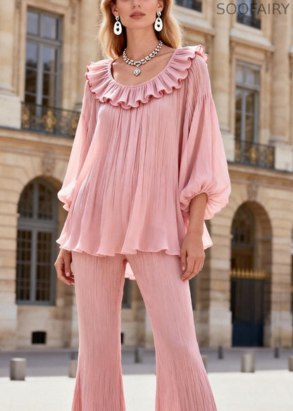 French Pink Ruffled Patchwork Chiffon Shirts and Flared Trousers Two Pieces Set Lantern Sleeve