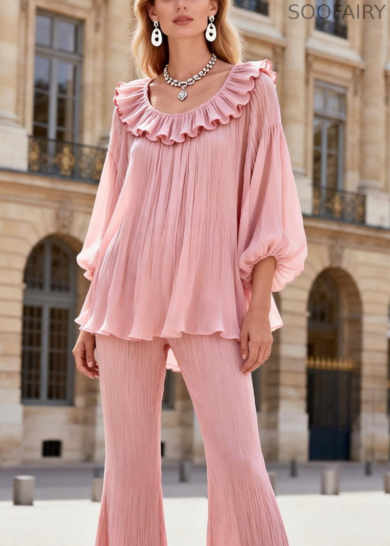 French Pink Ruffled Patchwork Chiffon Shirts and Flared Trousers Two Pieces Set Lantern Sleeve