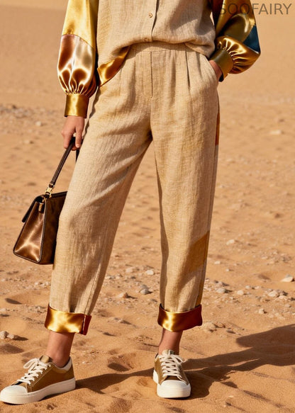 Khaki Peter Pan Collar Shirts and Crop Pants Silk Patchwork Two Pieces Set