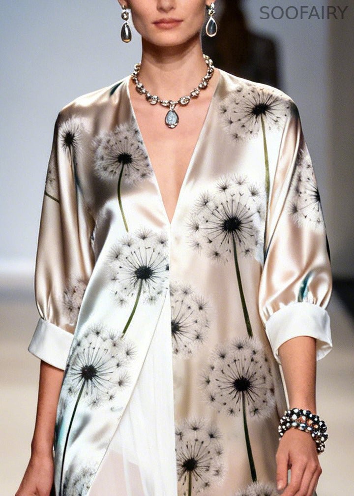 Unique Apricot Dandelion Print Chiffon Fake Two Piece Dress Summer