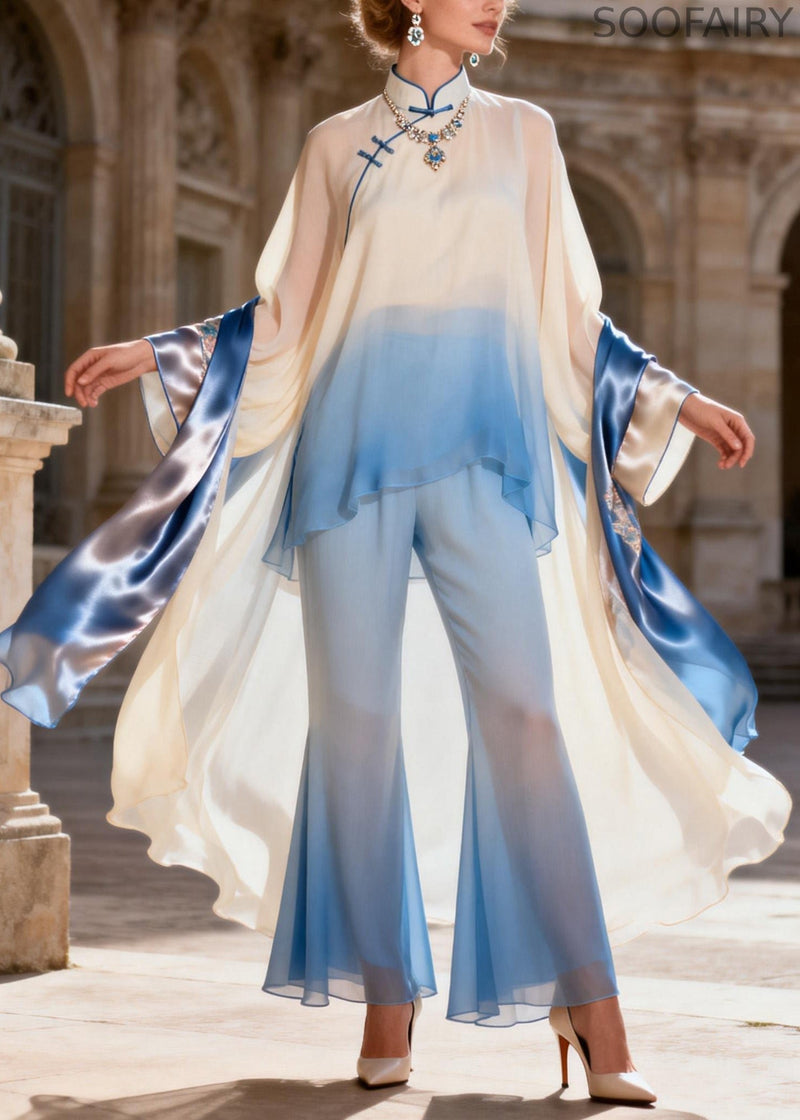 Stand Collar Asymmetrical Patchwork Silk 2 Piece Outfit Spring