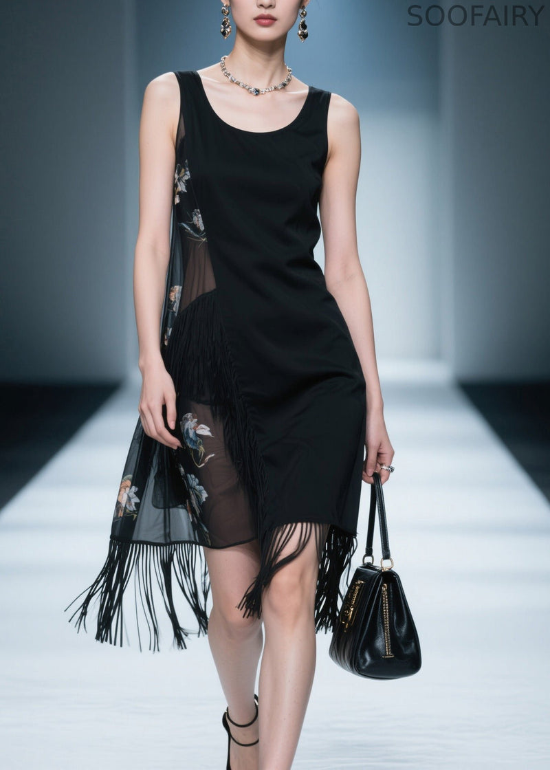 New Black O Neck Tassel Patchwork Cotton Dress Sleeveless