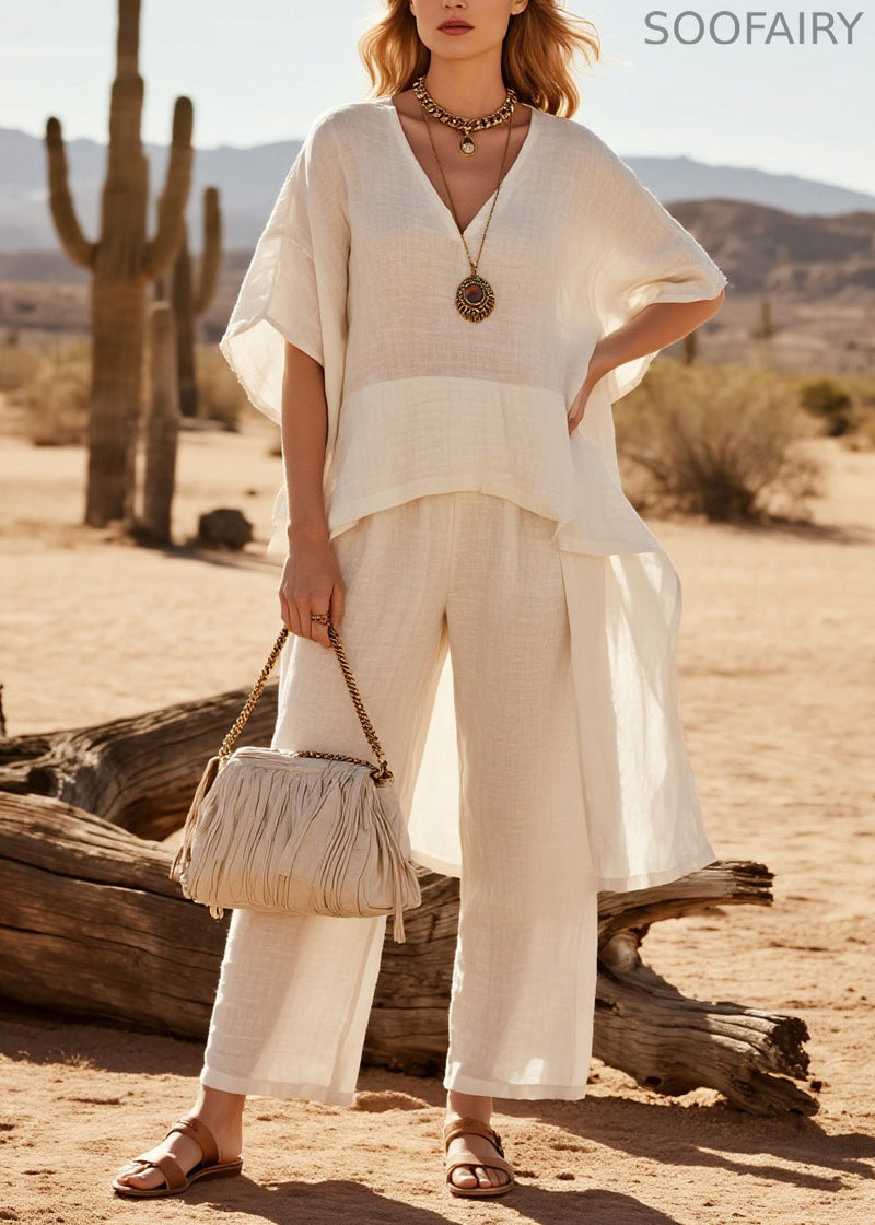White Patchwork Linen Two Piece Suit Set Oversized Low High Design Summer