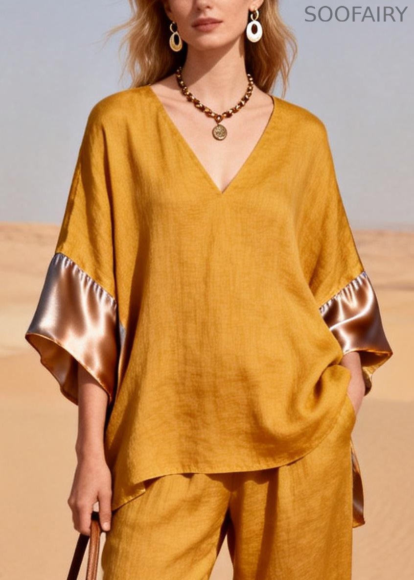 Yellow Oversized Patchwork Linen Silk Two Pieces Set Summer