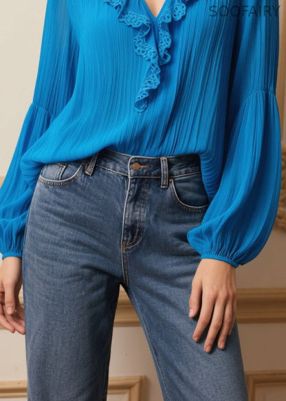 Blue Ruffled Wrinkled Chiffon Shirt Tops Spring