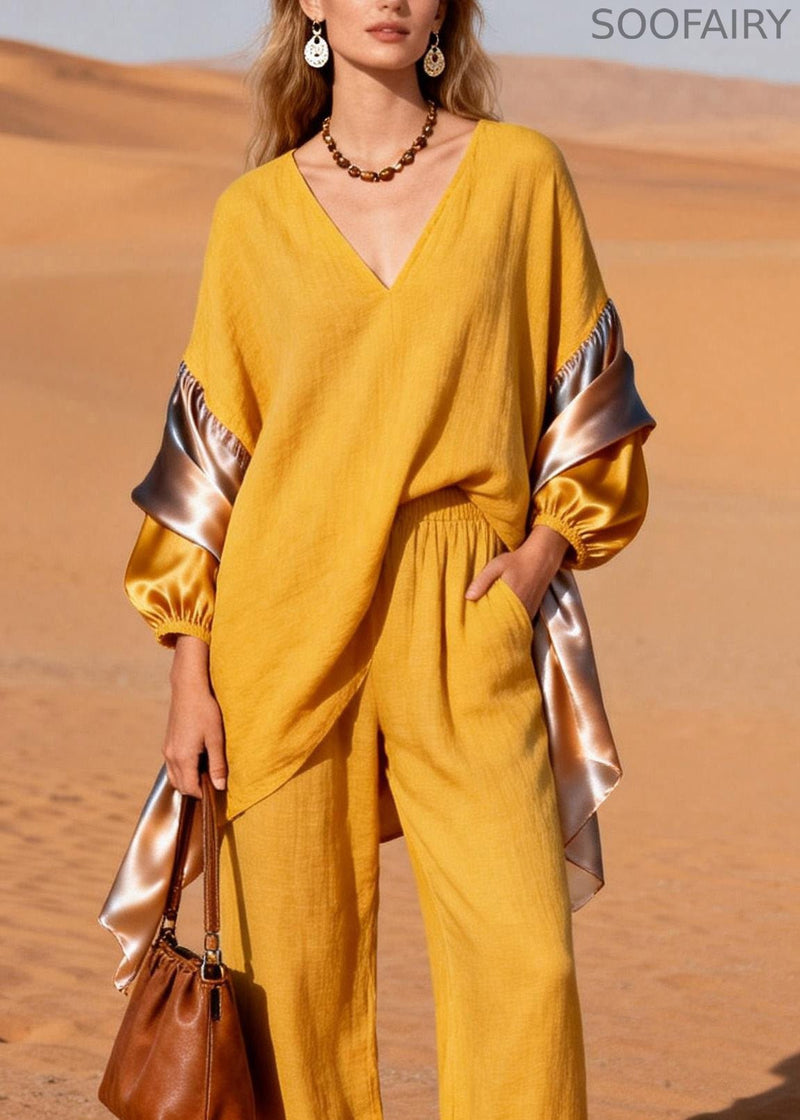 Stylish Yellow V Neck Patchwork Linen Silk Two Pieces Set Spring