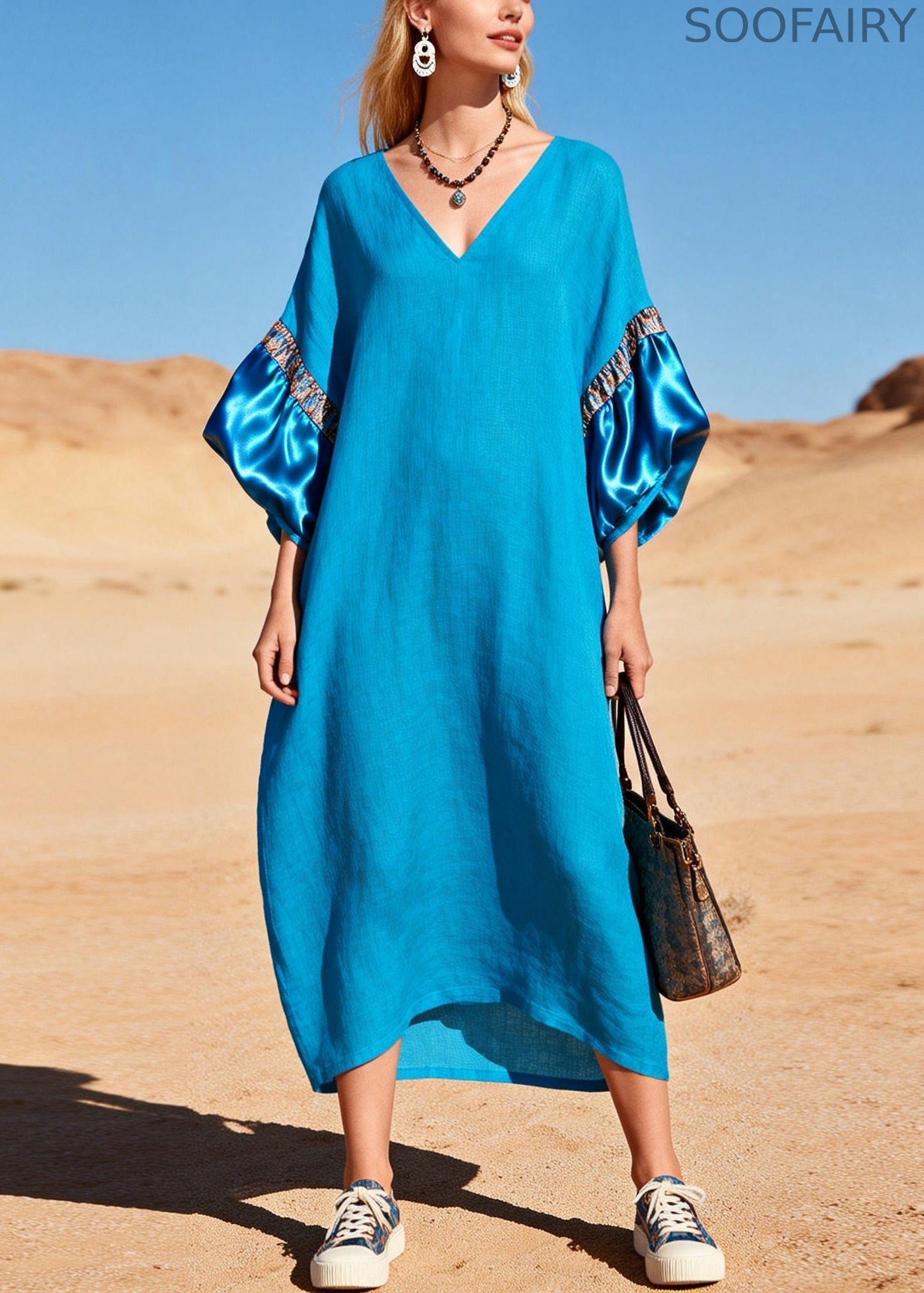 Sea Blue V Neck Patchwork Cotton Maxi Dress Lantern Sleeve
