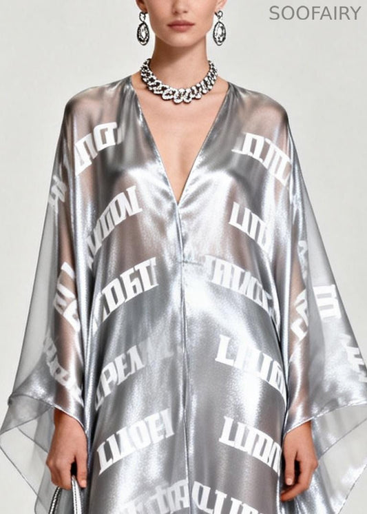 Diy Silvery Oversized Letter Print Chiffon Maxi Dress Summer