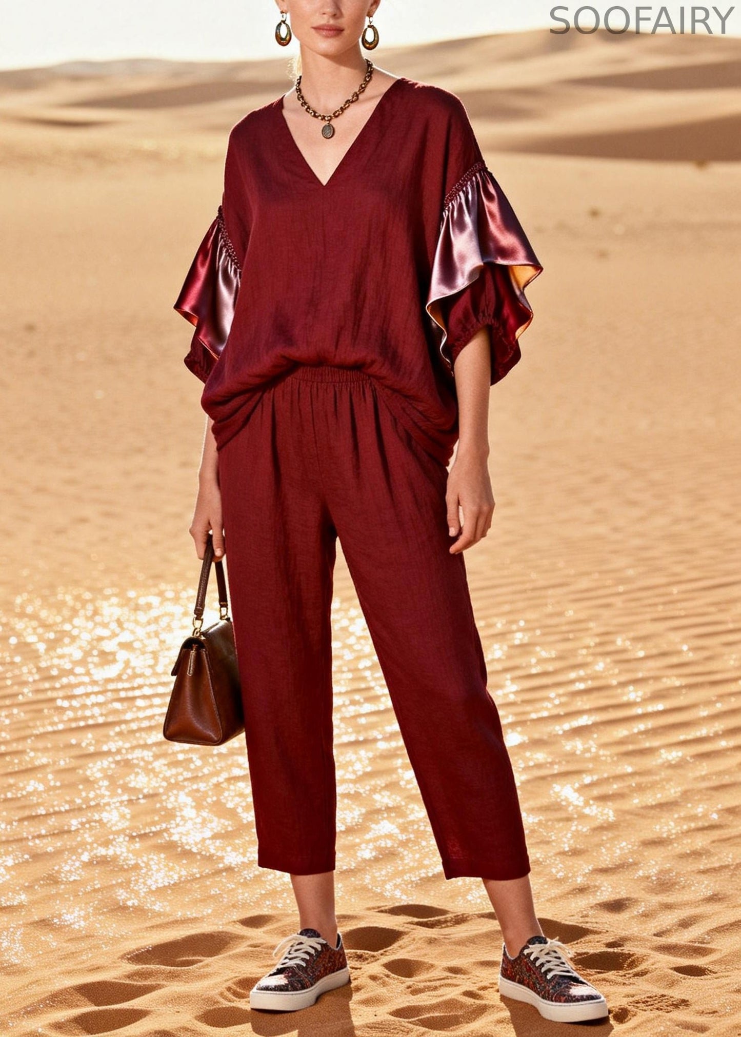 French Mulberry Oversized Patchwork Cotton Two Piece Suit Set Butterfly Sleeve