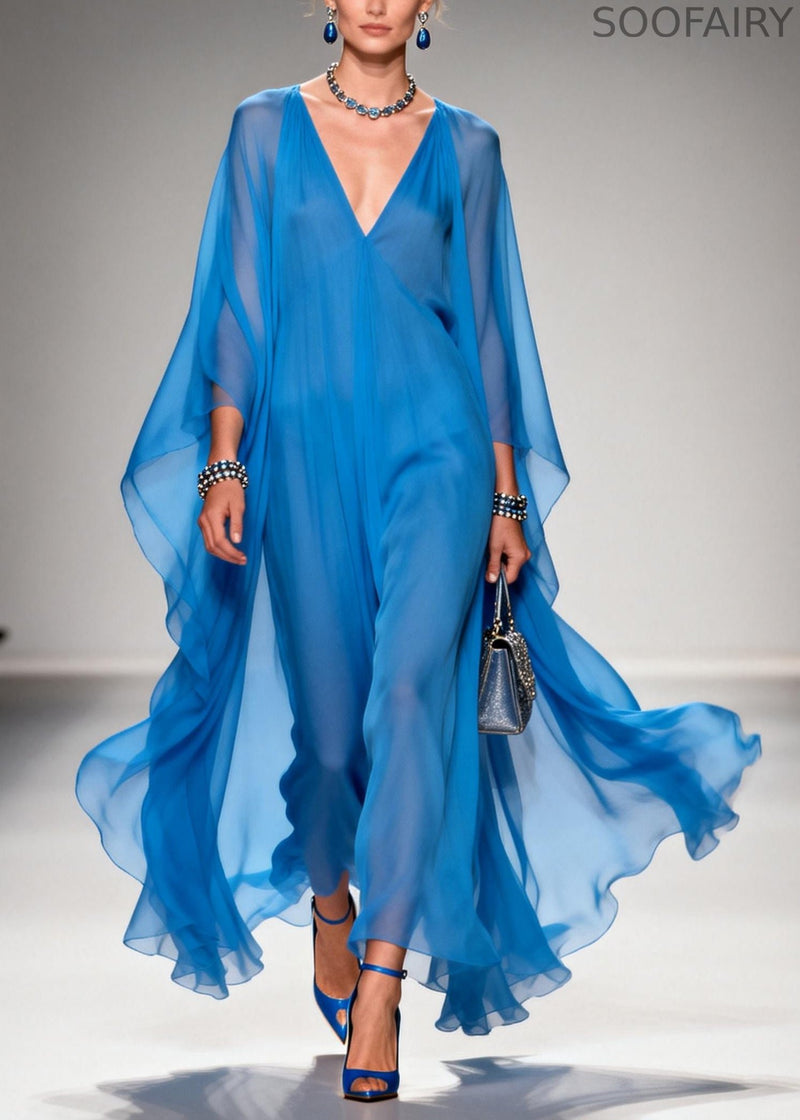Classy Blue V Neck Draping Chiffon Dresses Summer