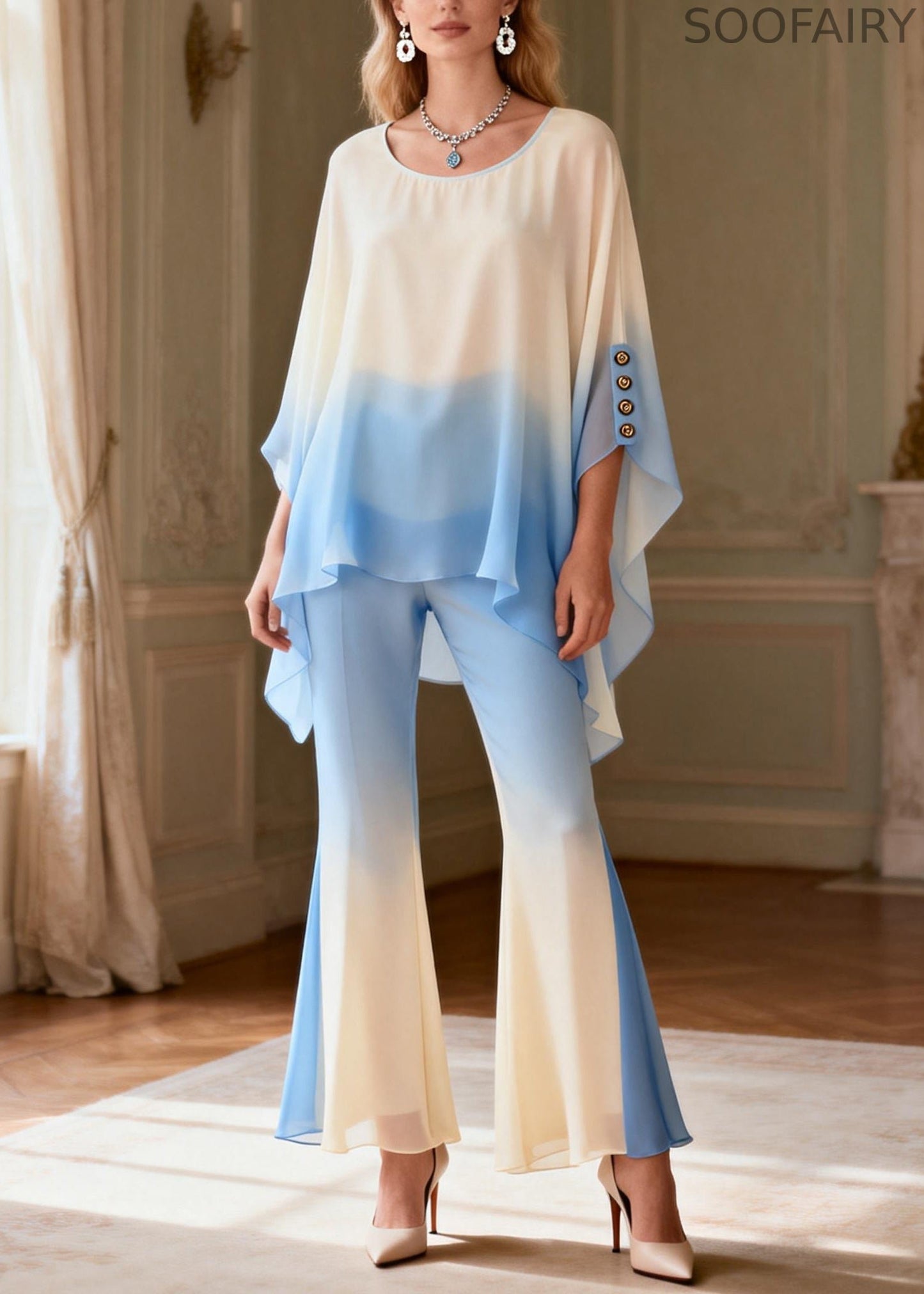 Loose Gradient Color O-neck Low High Design Chiffon Two Pieces Set Spring