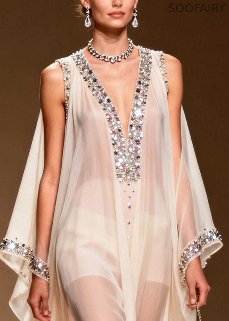Diy White Cold Shoulder Rhinestone Chiffon Sheer Dress Summer