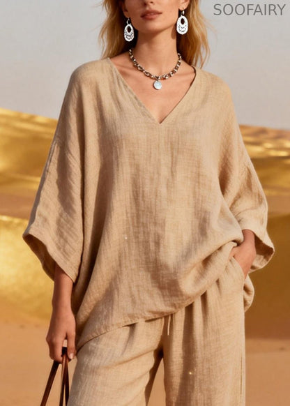 Khaki V Neck Sequins Pockets Patchwork Linen Two Pieces Set Spring