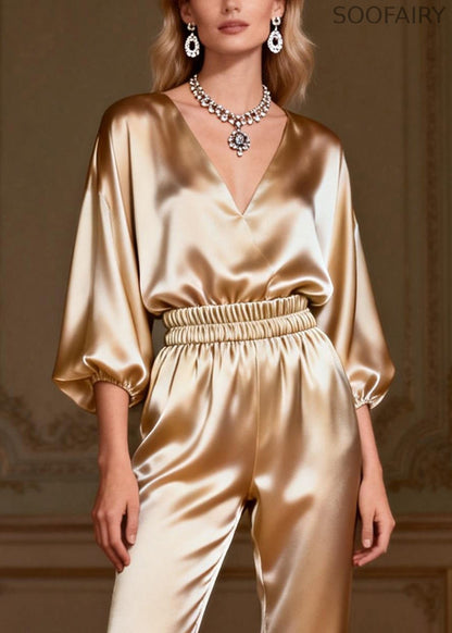 Italian V Neck Button Elastic Waist Silk Two Pieces Set Bracelet Sleeve