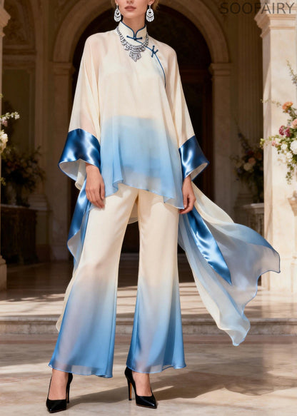 Original Design Stand Collar Patchwork Silk Two Pieces Set Spring