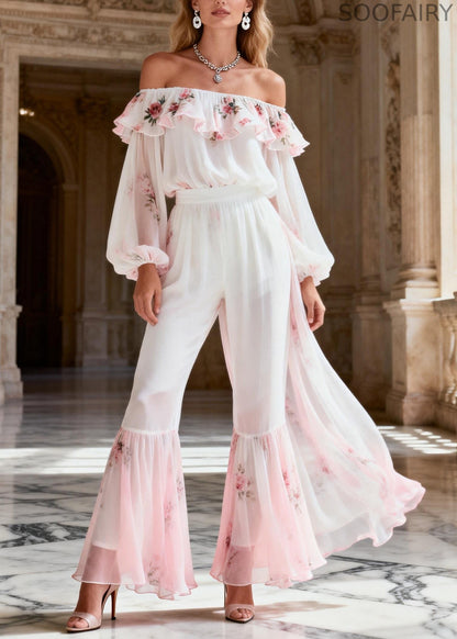Novelty White Ruffled Print Chiffon Top and Flared Trousers Two Piece Suit Set Spring