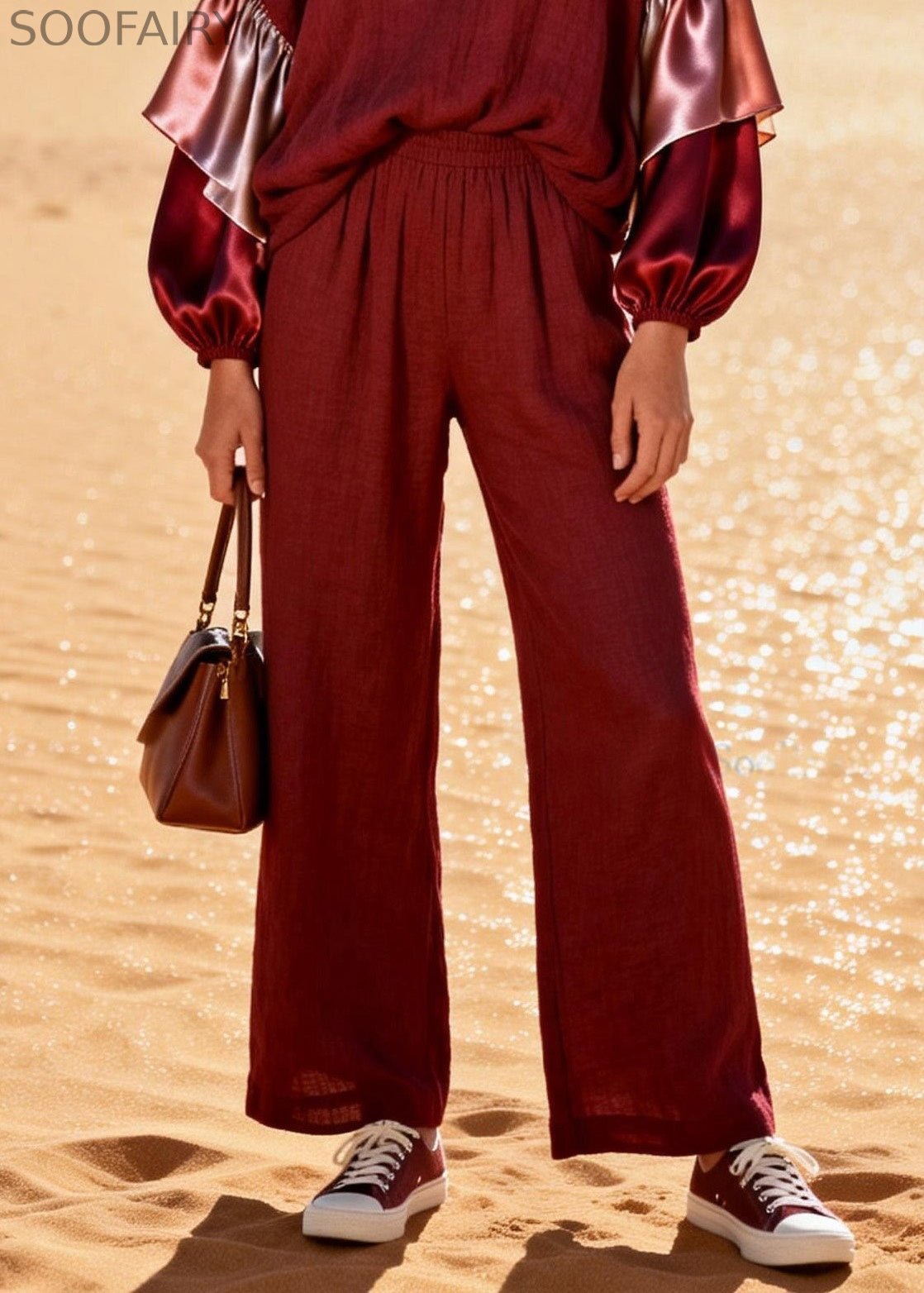 V Neck Patchwork Linen Silk Two Pieces Set Spring