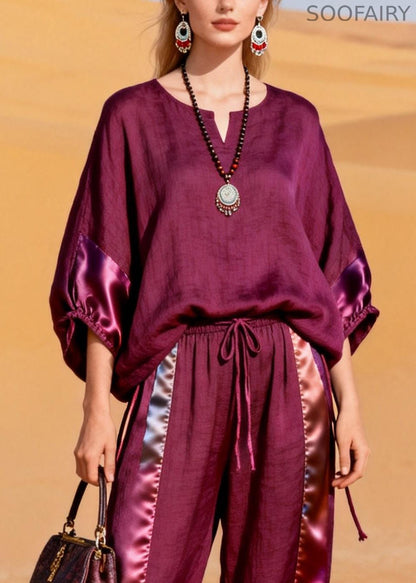 Loose Dark Purple Lace Up Elastic Waist Silk Patchwork Two Pieces Set Half Sleeve