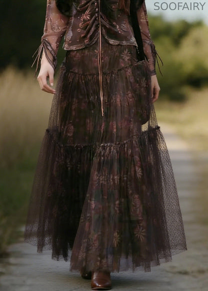 Coffee Print Wrinkled Tulle Skirt Summer