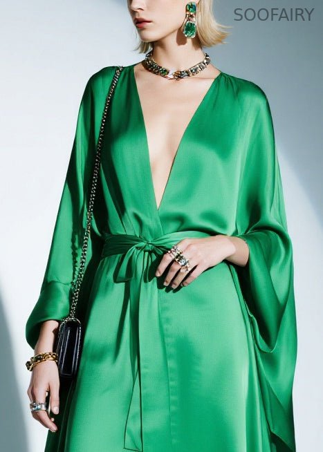Boutique Green Tie Waist Exra Large Hem Silk Party Dresses Batwing Sleeve