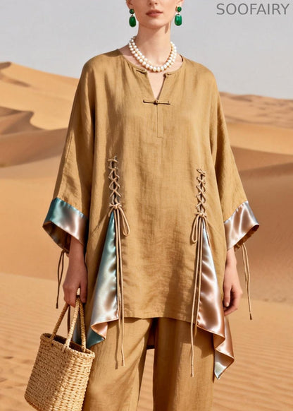 Original Designkhaki Lace Up Patchwork Silk Linen Two Pieces Set