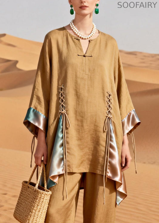 Original Designkhaki Lace Up Patchwork Silk Linen Two Pieces Set