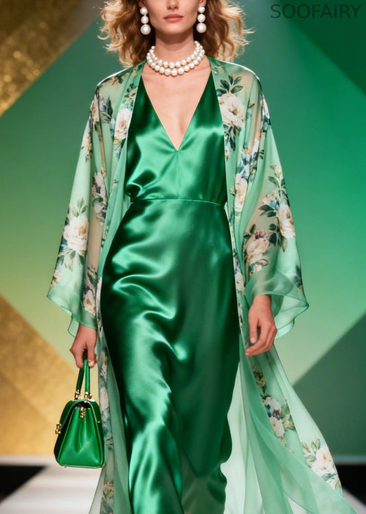 Italian Green Print Cardigans Dress Silk Two Pieces Set Summer