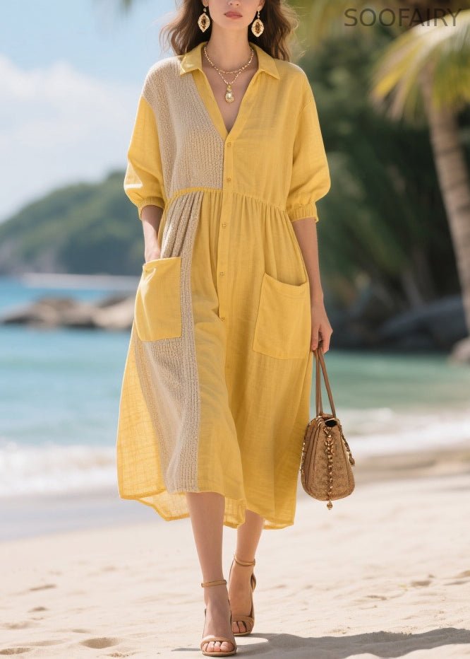 Yellow Oversized Patchwork Cotton Dresses Summer