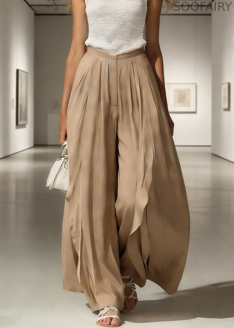 French Khaki Side Open High Waist Cotton Wide Leg Pants Summer