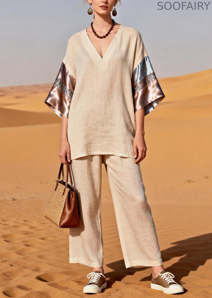 V Neck Patchwork Linen Silk Sets 2 Pieces Summer