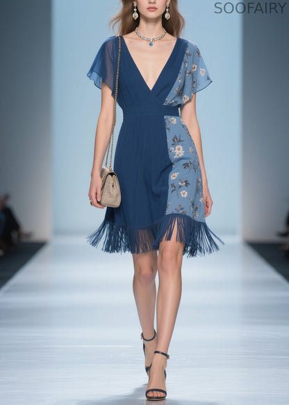 Unique V Neck Print Tassel Patchwork Cotton Dresses Summer